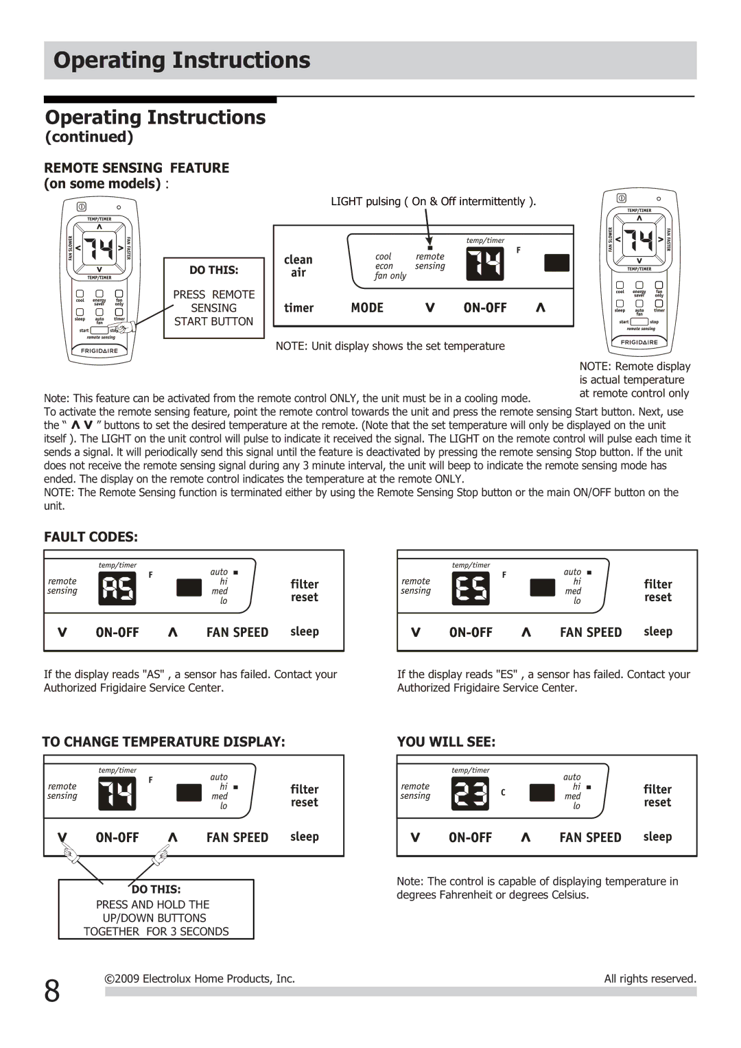 Frigidaire 2020218A0678 To Change Temperature Display YOU will see, Remote Sensing Feature on some models： 