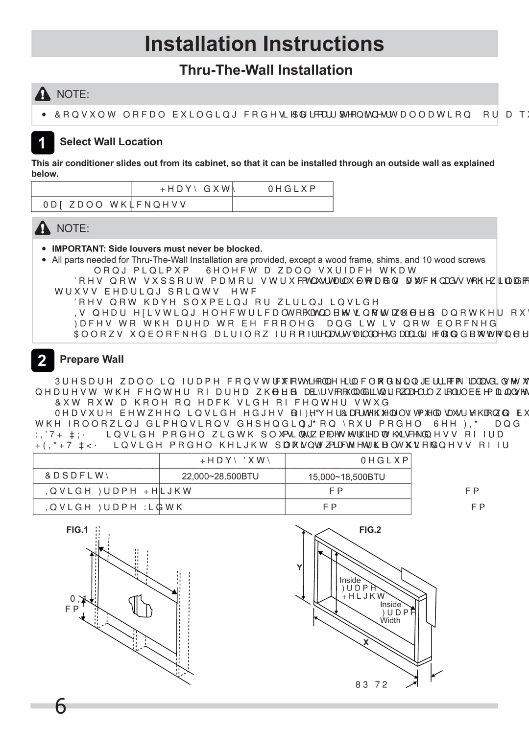 Frigidaire 2020219A0951 Select Wall Location, Prepare Wall, Important Side louvers must never be blocked 