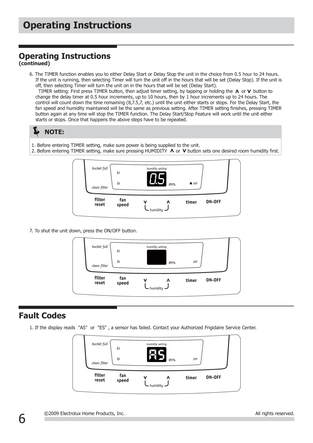 Frigidaire 2020266A0258 important safety instructions Fault Codes 