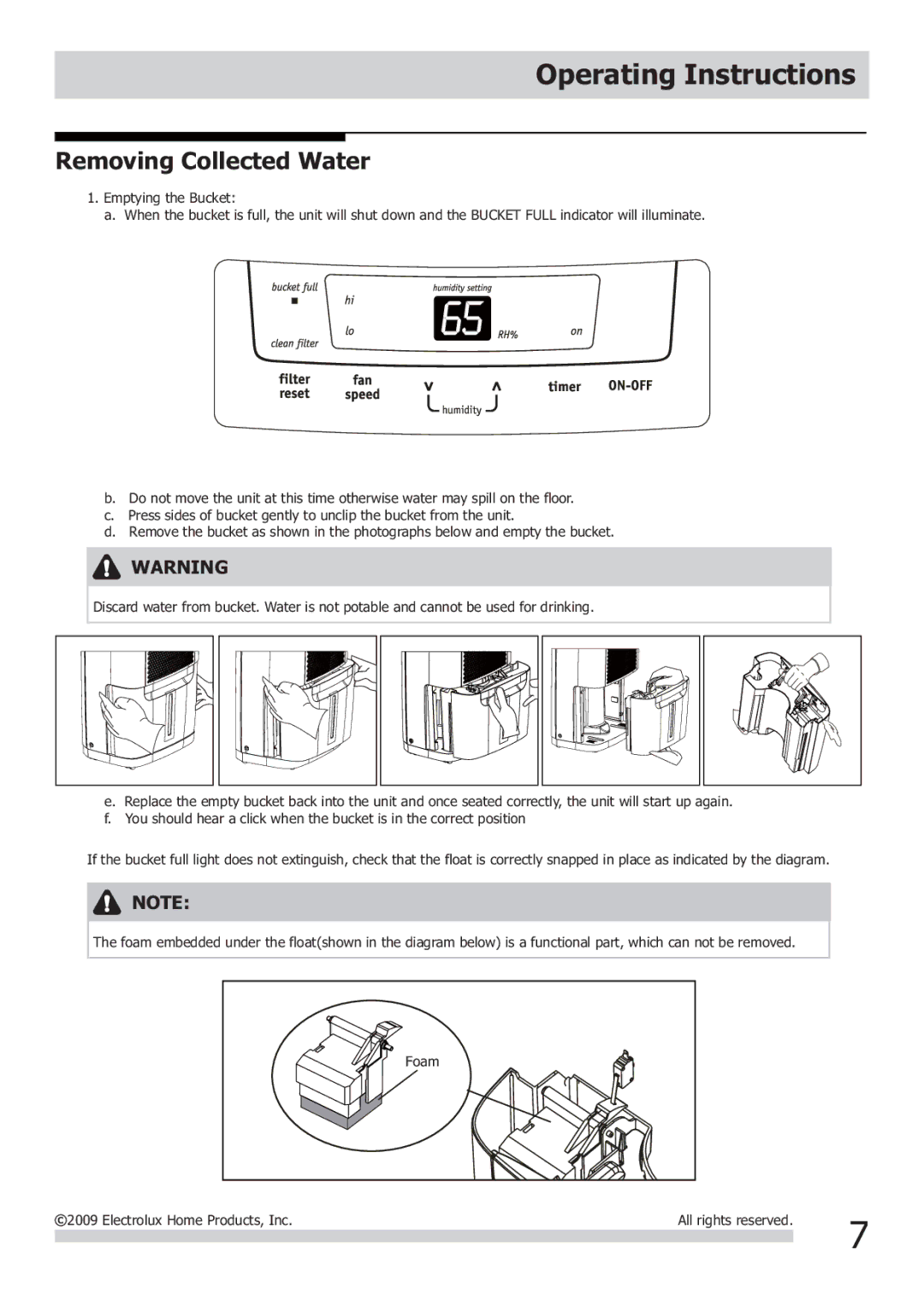 Frigidaire 2020266A0258 important safety instructions Removing Collected Water 