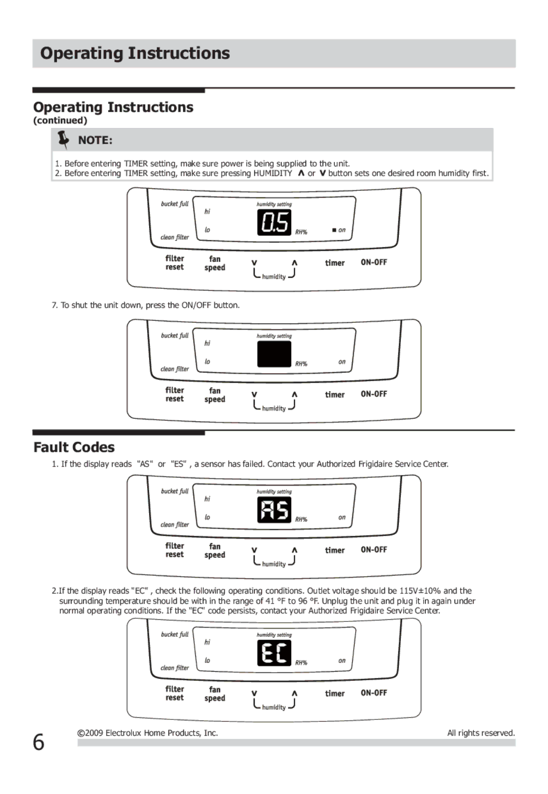 Frigidaire 2020266A0406 important safety instructions Fault Codes 