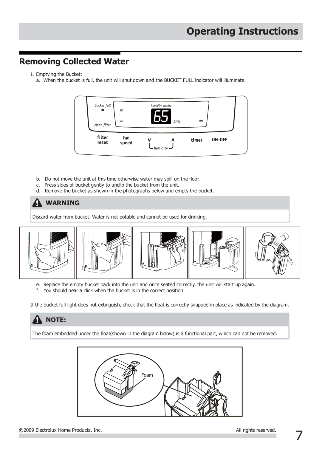 Frigidaire 2020266A0406 important safety instructions Removing Collected Water 