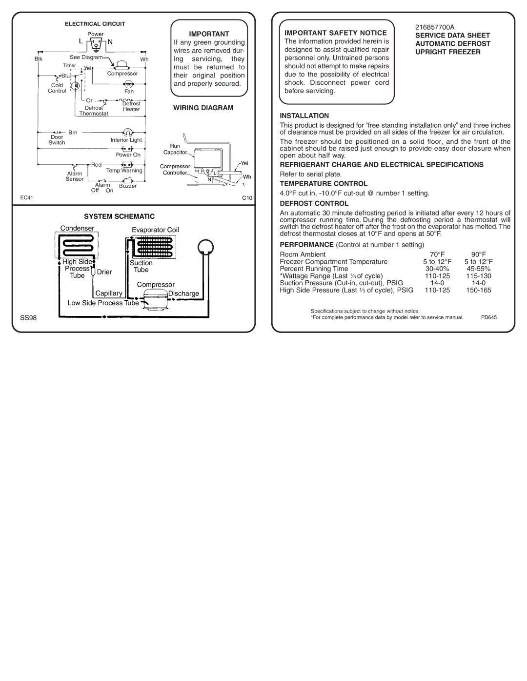 Frigidaire 216857700A specifications Wiring Diagram Important Safety Notice, Service Data Sheet, Upright Freezer 