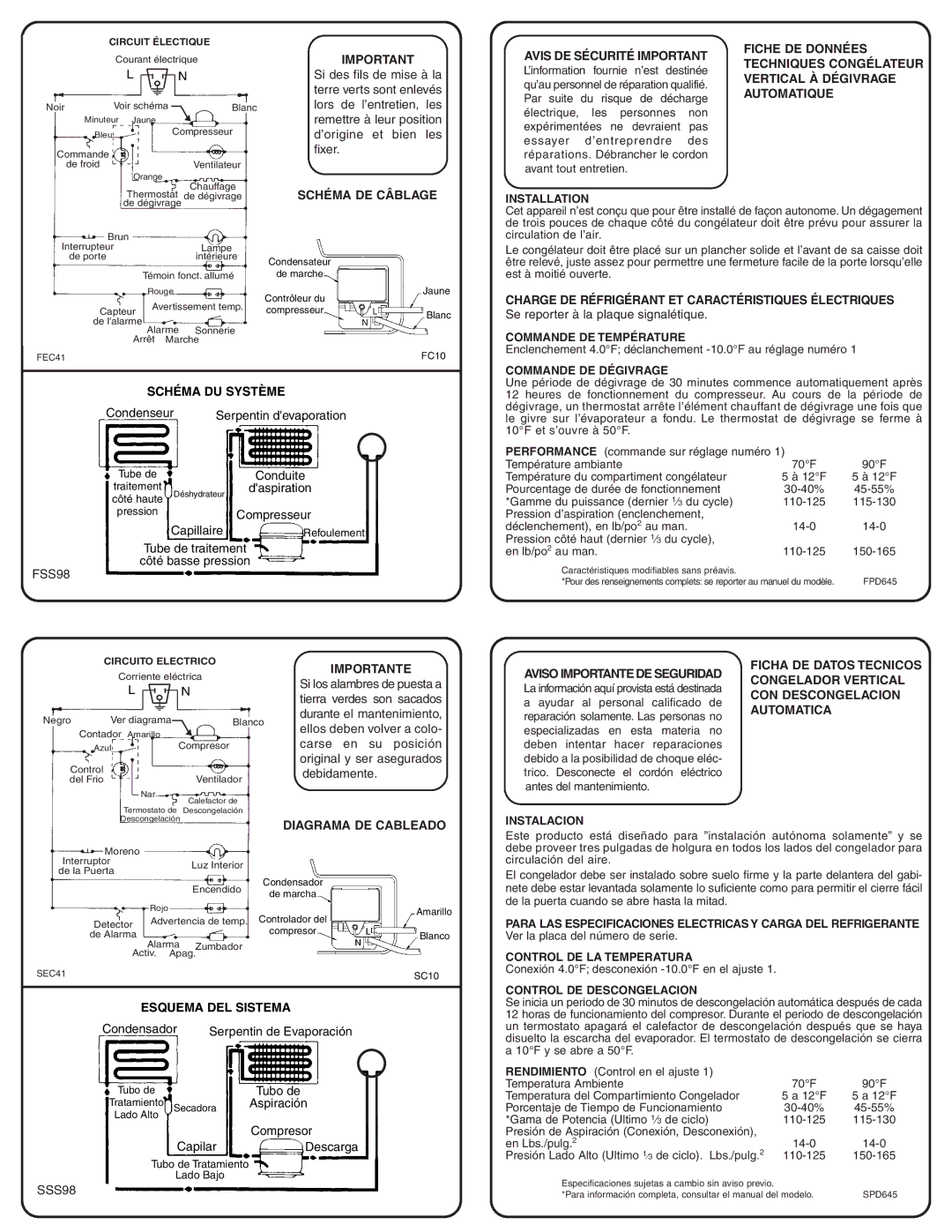 Frigidaire 216857700A Vertical À Dégivrage, Automatique, Schéma DU Système, Importante, CON Descongelacion, Automatica 