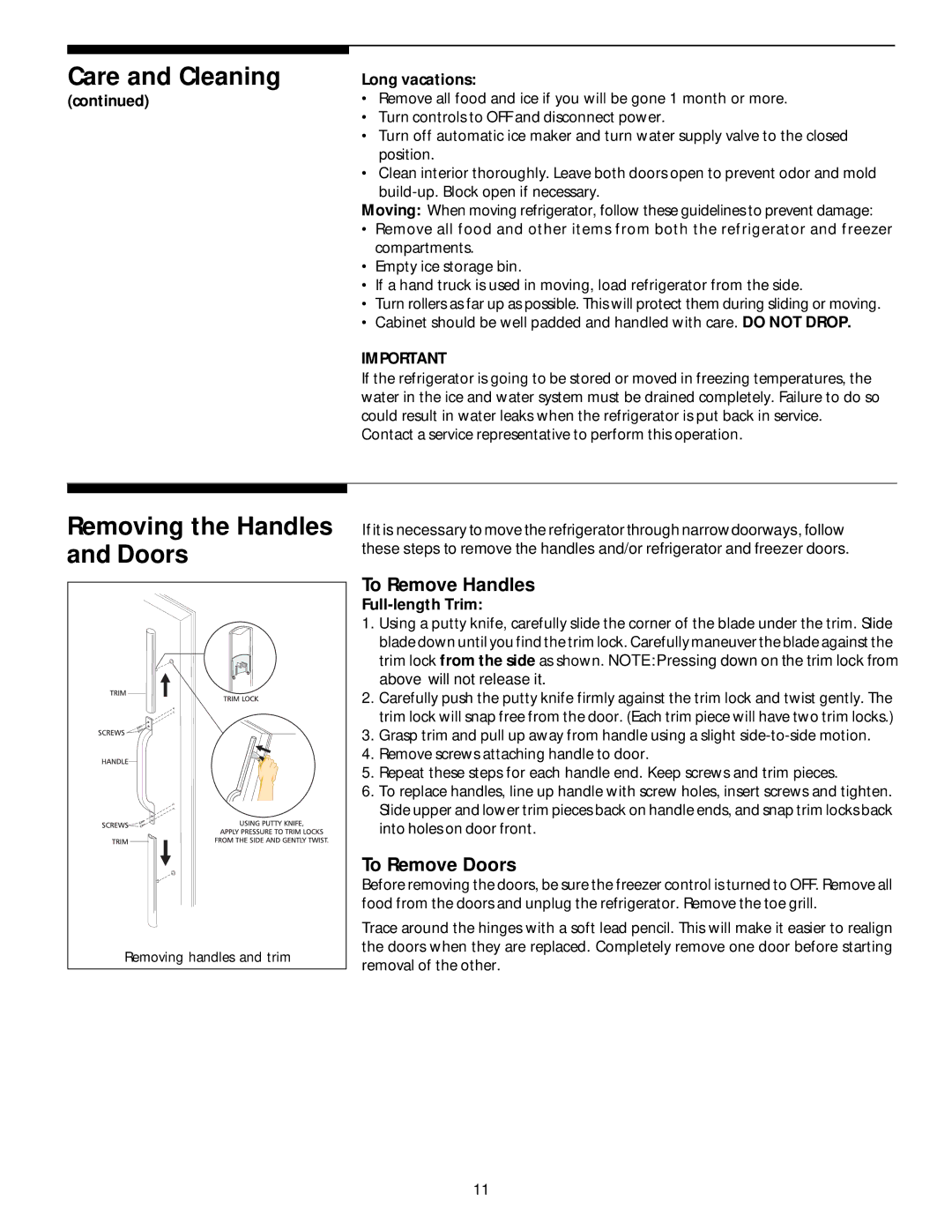 Frigidaire 218954901 manual Removing the Handles and Doors, To Remove Handles, To Remove Doors 