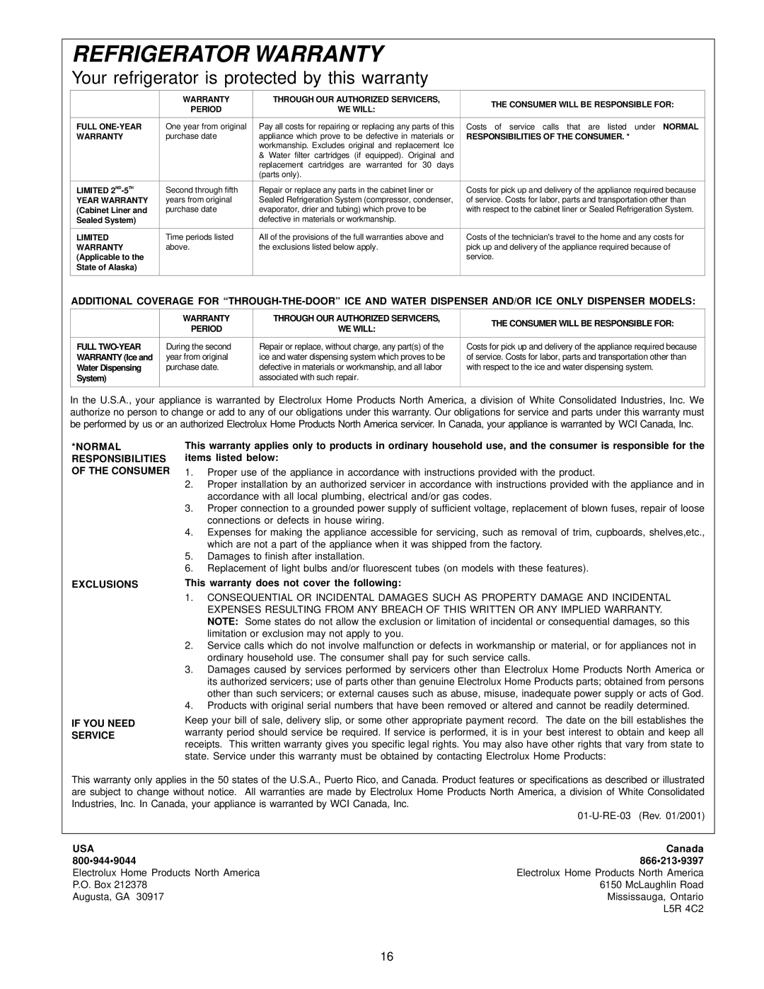 Frigidaire 218954901 manual Refrigerator Warranty 