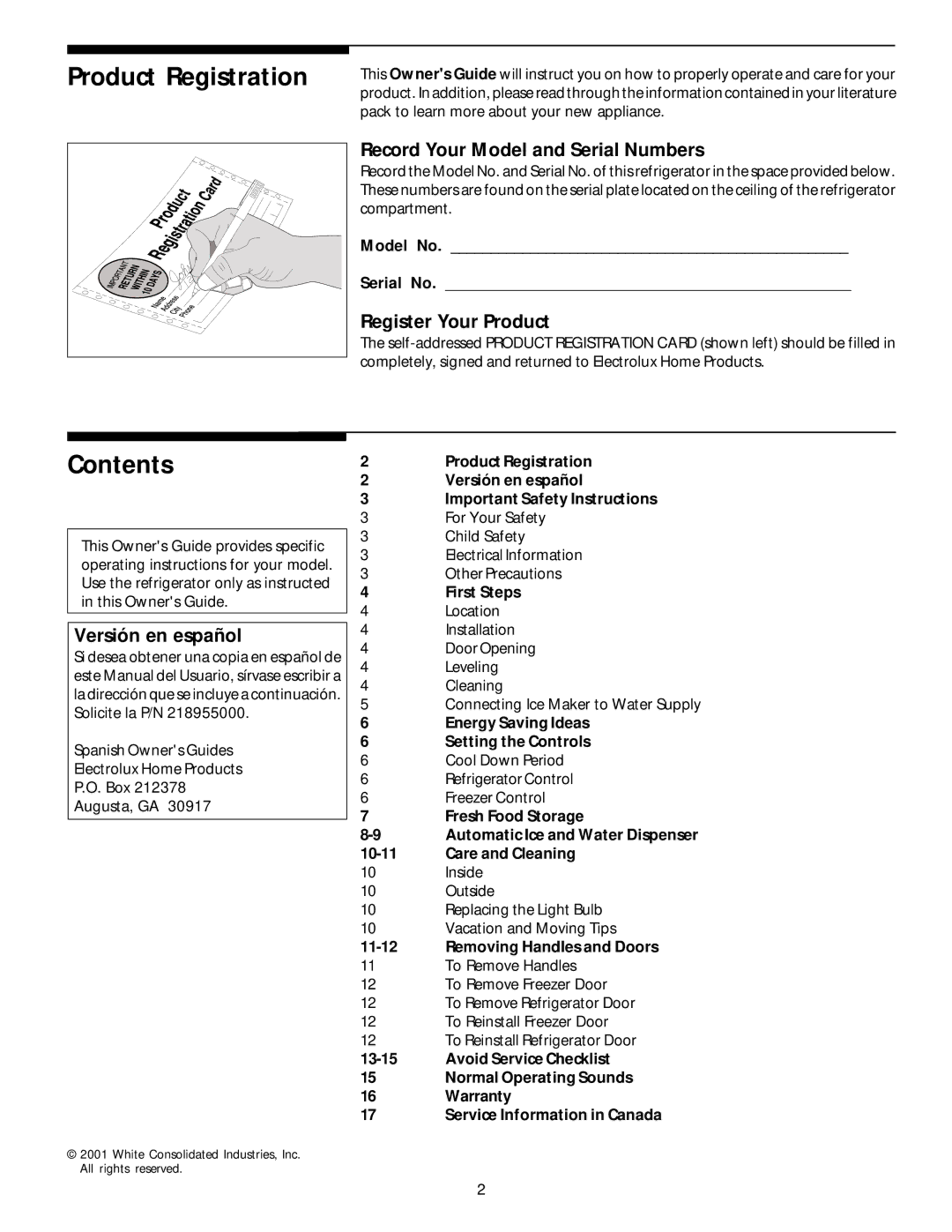 Frigidaire 218954901 manual Product Registration, Contents 