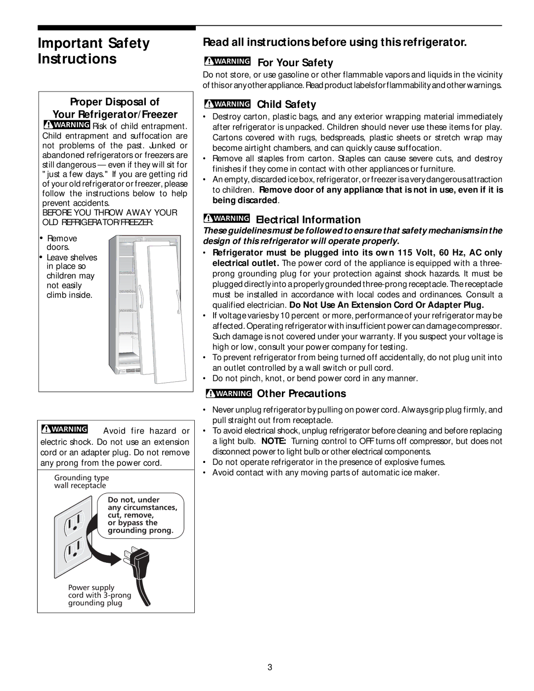 Frigidaire 218954901 manual Important Safety Instructions 