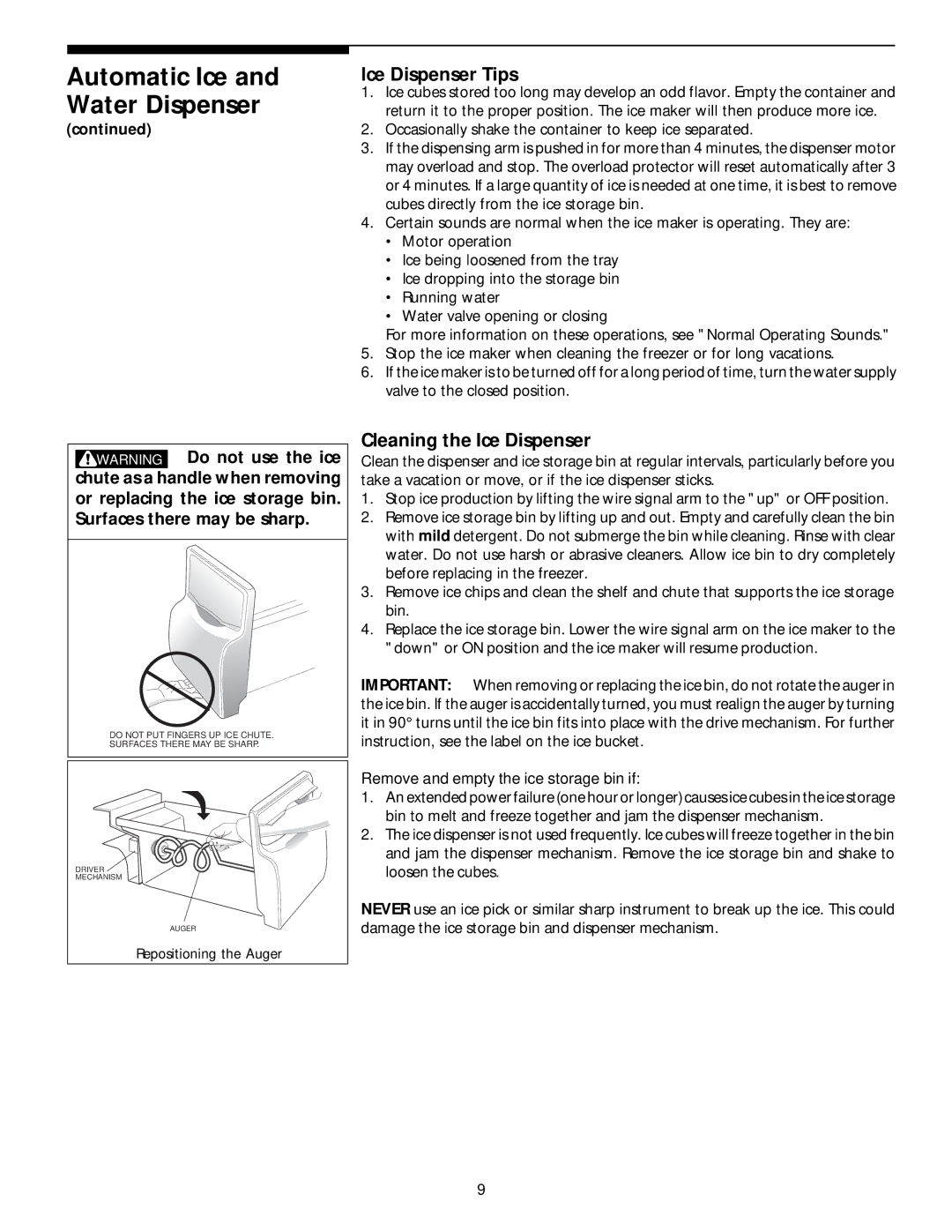 Frigidaire 218954901 manual Automatic Ice and Water Dispenser, Ice Dispenser Tips, Cleaning the Ice Dispenser 