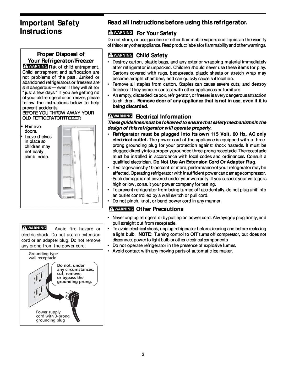 Frigidaire 218954901 manual Important Safety Instructions, For Your Safety, Proper Disposal of Your Refrigerator/Freezer 
