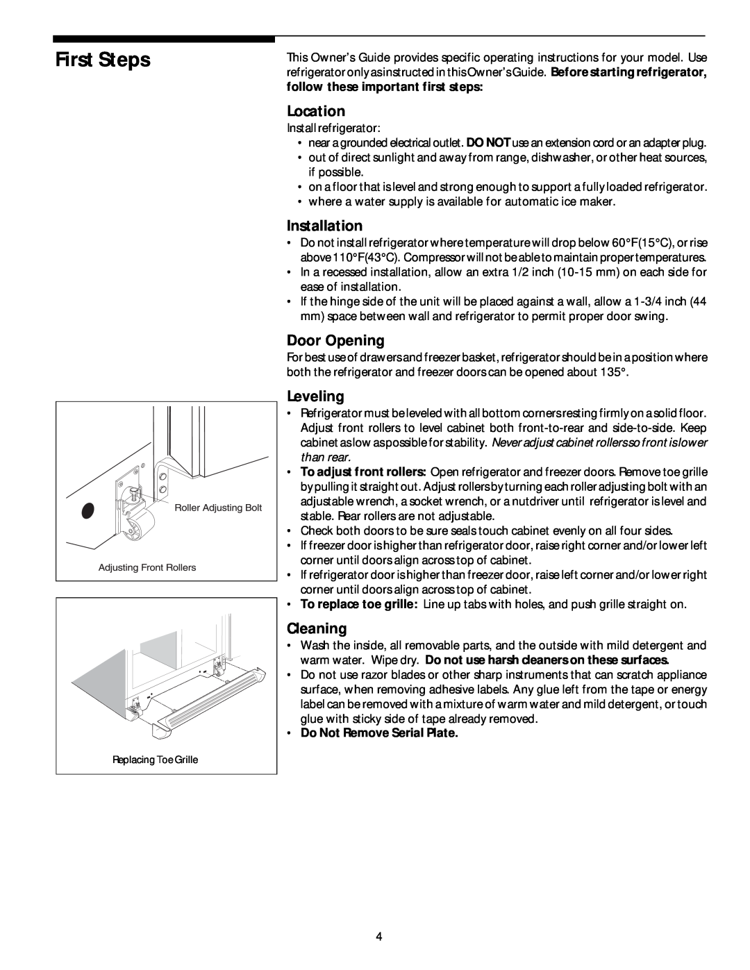 Frigidaire 218954901 manual First Steps, Location, Installation, Door Opening, Leveling, Cleaning 
