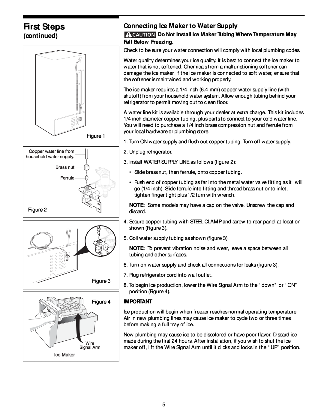 Frigidaire 218954901 manual continued, Connecting Ice Maker to Water Supply, First Steps 