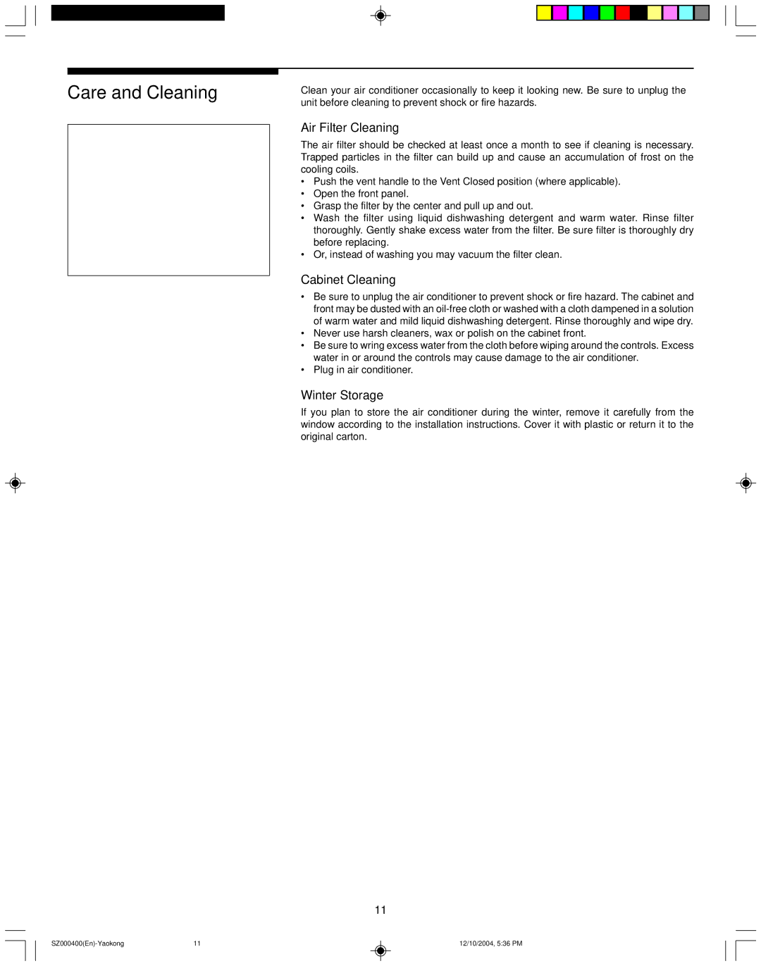 Frigidaire 220202D019 manual Care and Cleaning, Air Filter Cleaning, Cabinet Cleaning, Winter Storage 