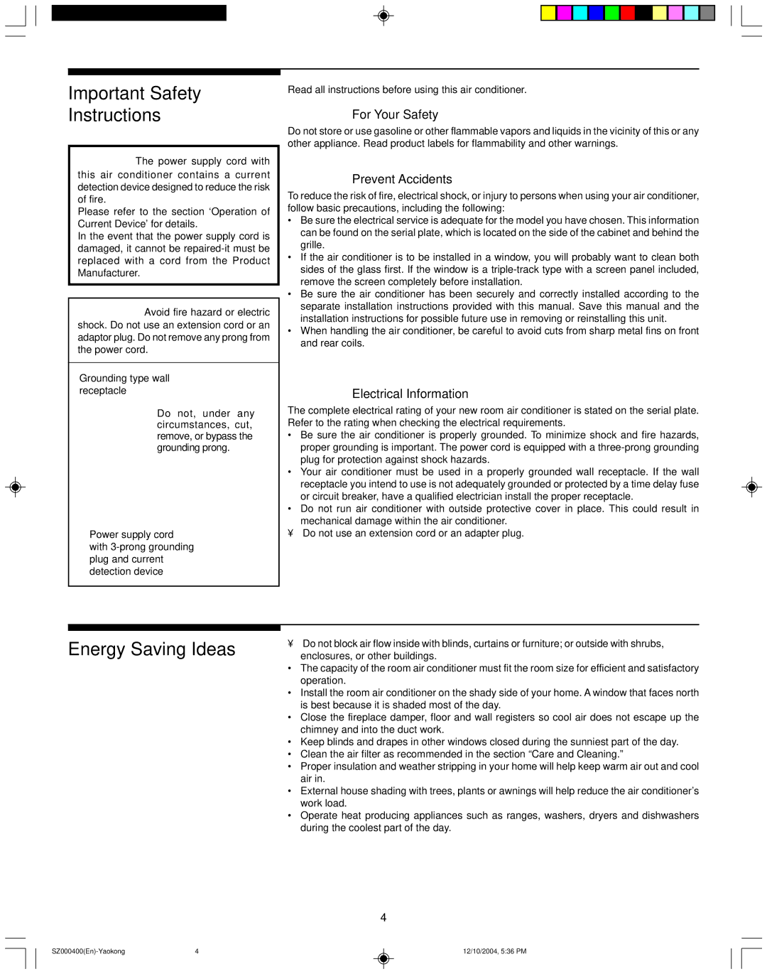 Frigidaire 220202D019 manual Important Safety Instructions, Energy Saving Ideas, For Your Safety, Prevent Accidents 