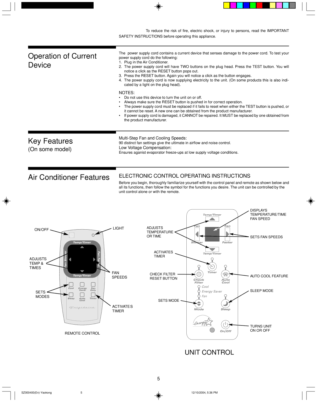 Frigidaire 220202D019 manual Operation of Current Device, Key Features 