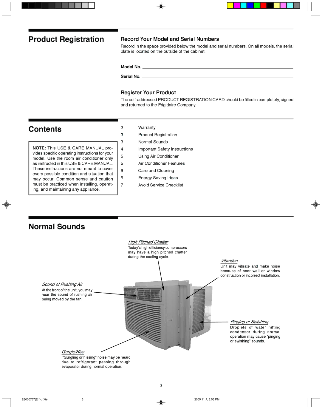 Frigidaire 220202D044 manual Product Registration, Contents, Normal Sounds 