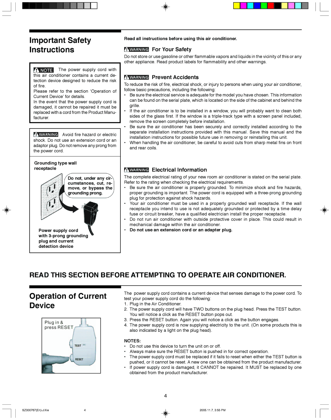 Frigidaire 220202D044 manual Important Safety Instructions, Operation of Current Device, For Your Safety, Prevent Accidents 