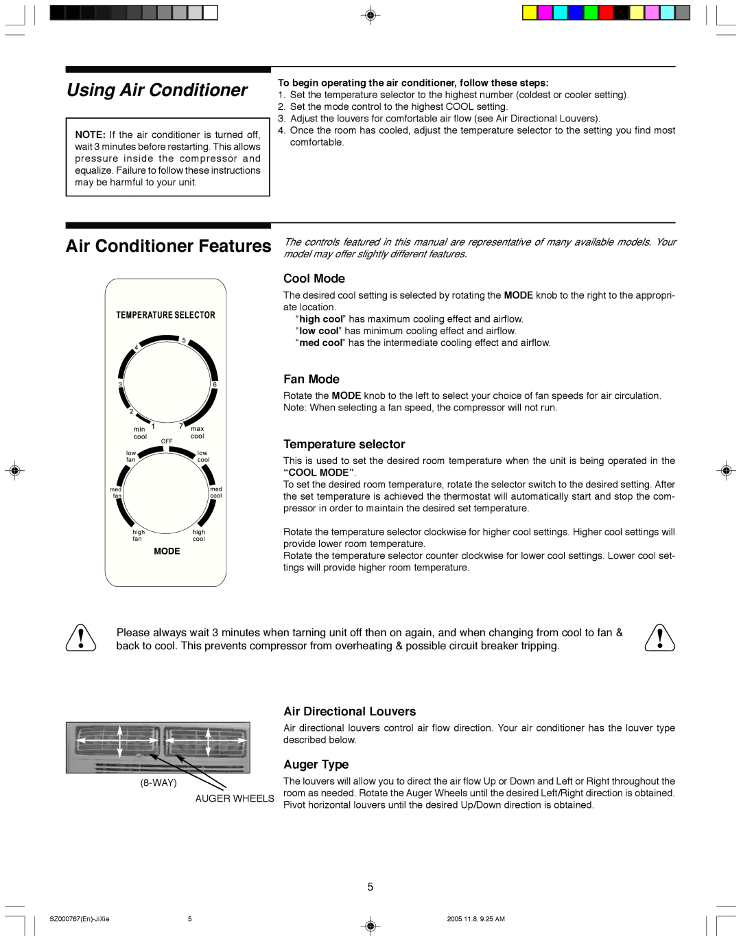 Frigidaire 220202D044 Air Directional Louvers, Auger Type, To begin operating the air conditioner, follow these steps 