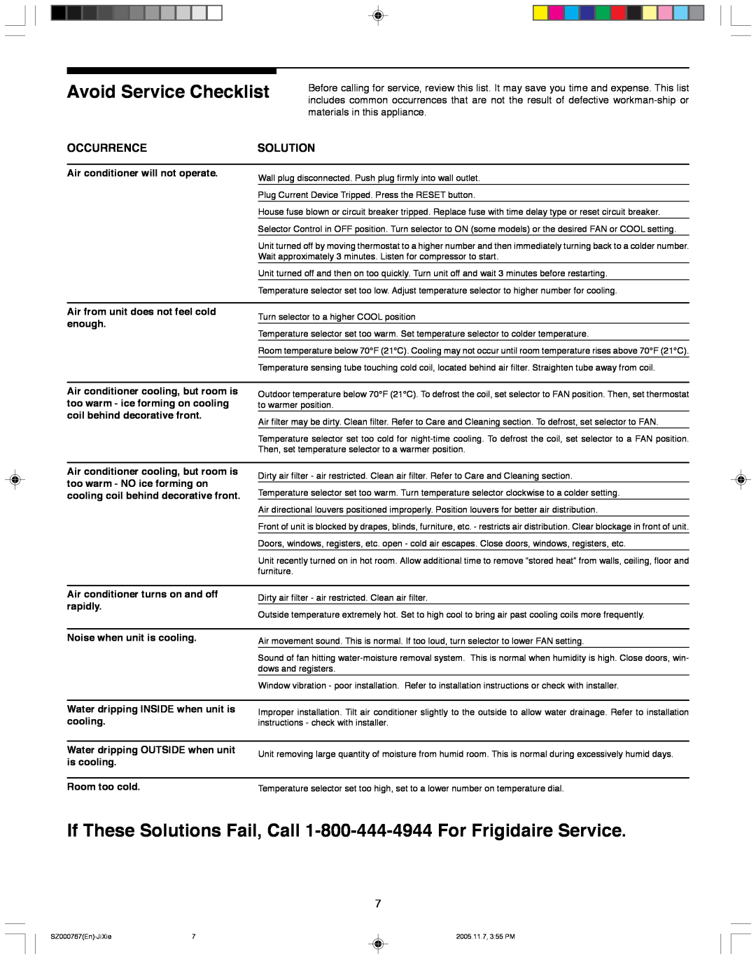 Frigidaire 220202D044 manual Avoid Service Checklist, If These Solutions Fail, Call 1-800-444-4944 For Frigidaire Service 