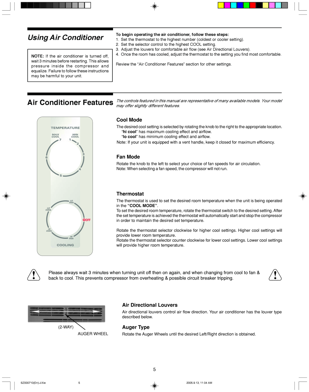 Frigidaire 220211A177 manual Cool Mode, Fan Mode, Thermostat, Air Directional Louvers, Auger Type, Using Air Conditioner 