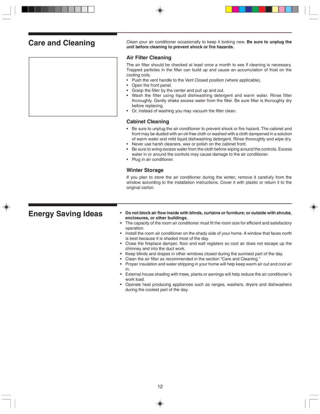 Frigidaire 220211A243 manual Care and Cleaning Energy Saving Ideas, Air Filter Cleaning, Cabinet Cleaning, Winter Storage 