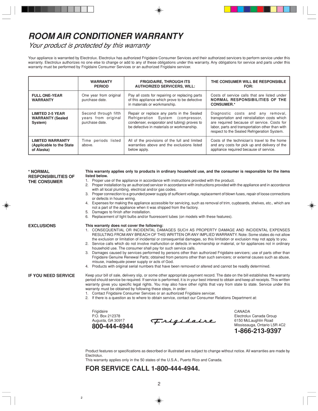 Frigidaire 220211A243 manual Room AIR Conditioner Warranty 