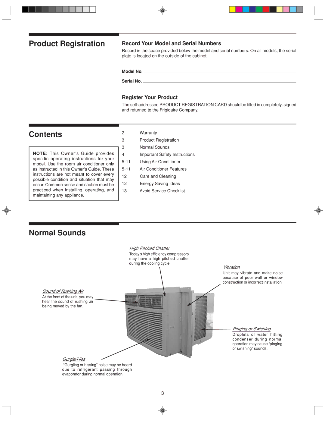 Frigidaire 220211A243 manual Product Registration, Contents, Normal Sounds 