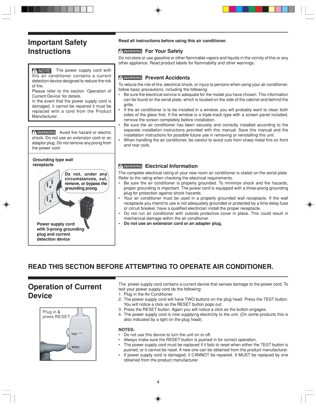 Frigidaire 220211A243 manual Important Safety Instructions, Operation of Current Device, For Your Safety, Prevent Accidents 