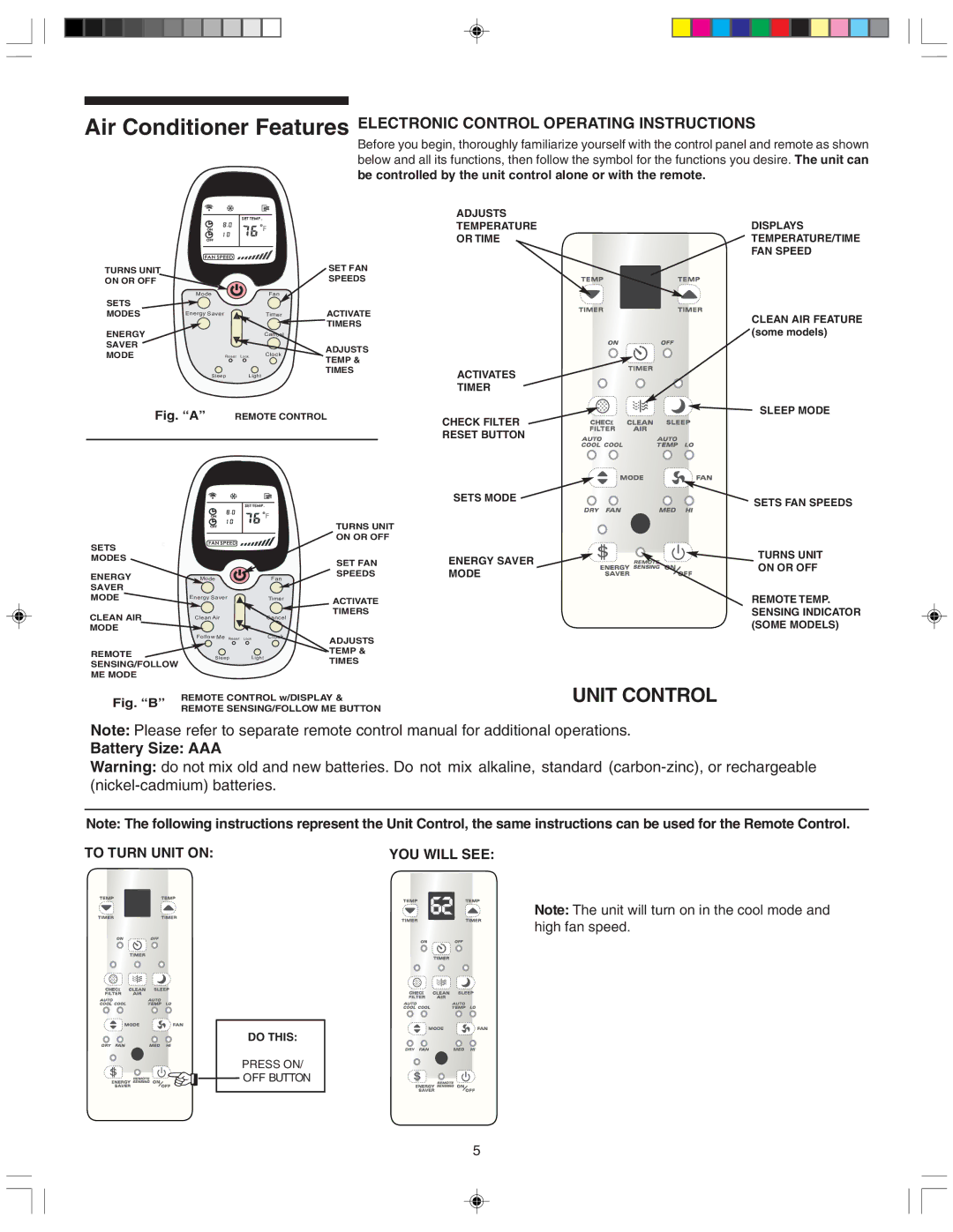 Frigidaire 220211A243 manual Battery Size AAA, Fig. a Remote Control 