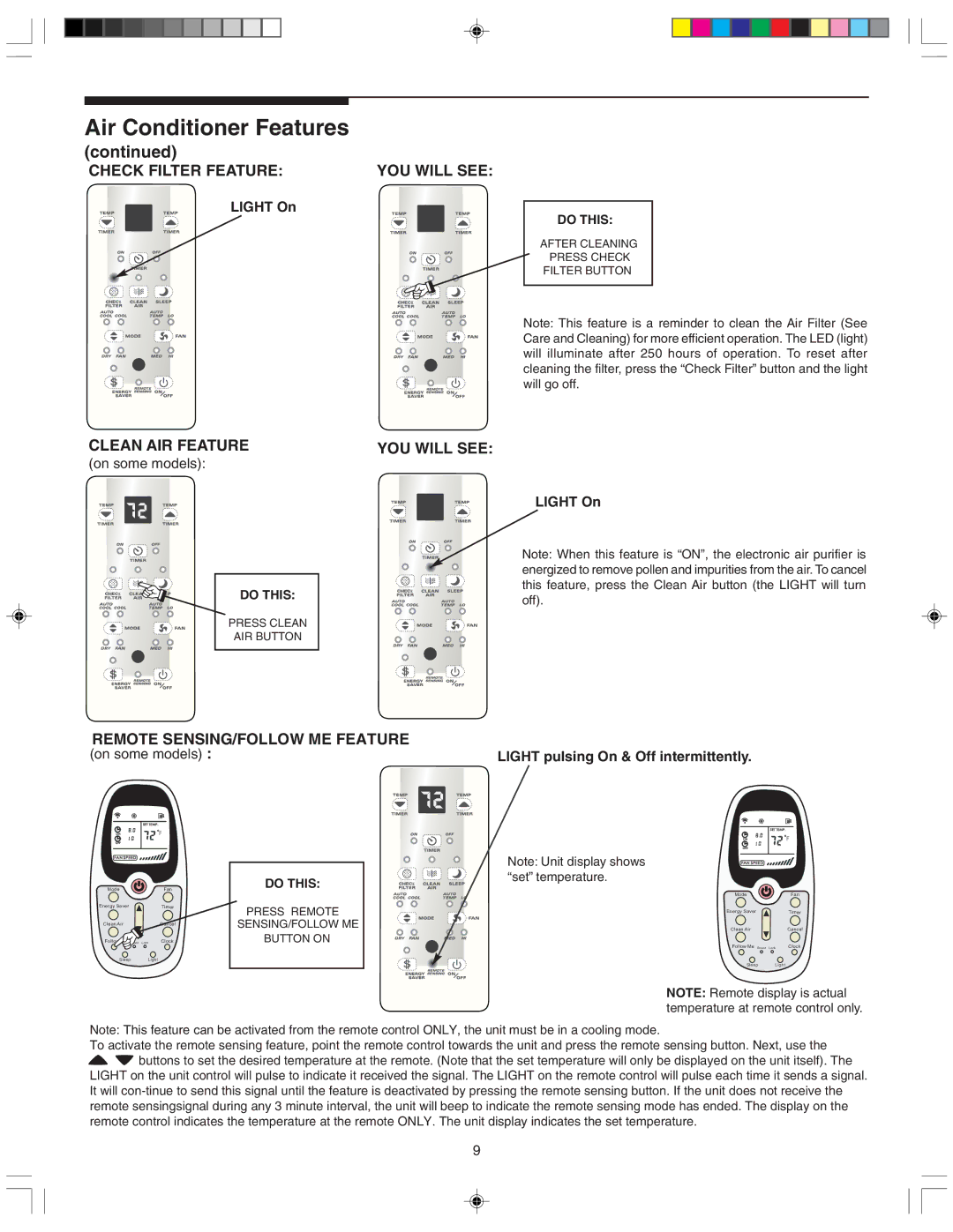 Frigidaire 220211A243 manual Check Filter Feature YOU will see, Clean AIR Feature, Remote SENSING/FOLLOW ME Feature 