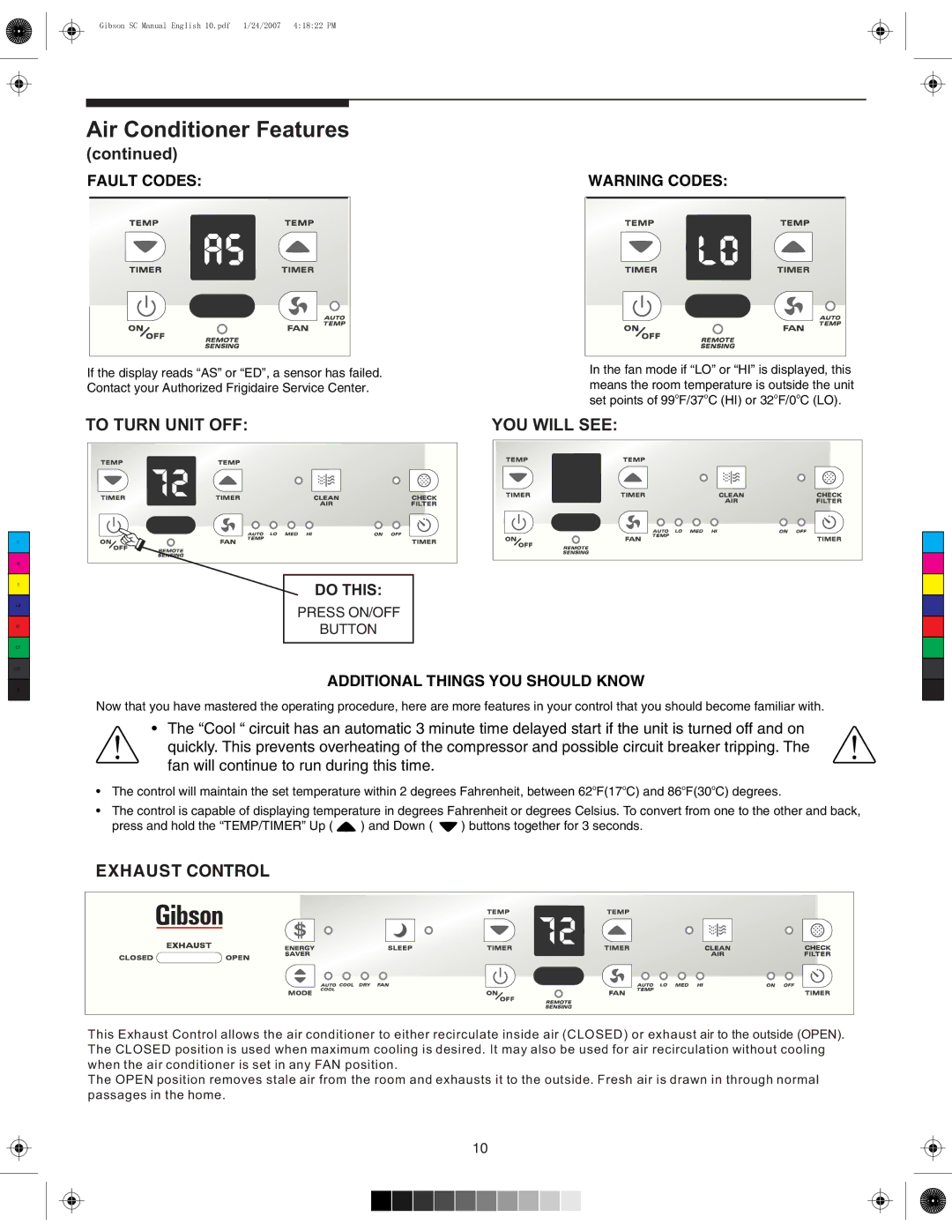 Frigidaire 220213A196 manual To Turn Unit OFF YOU will see, #/$%3, $$4/.!, 4.39/5/3/5,$ +./7, 02%33%/. 544 