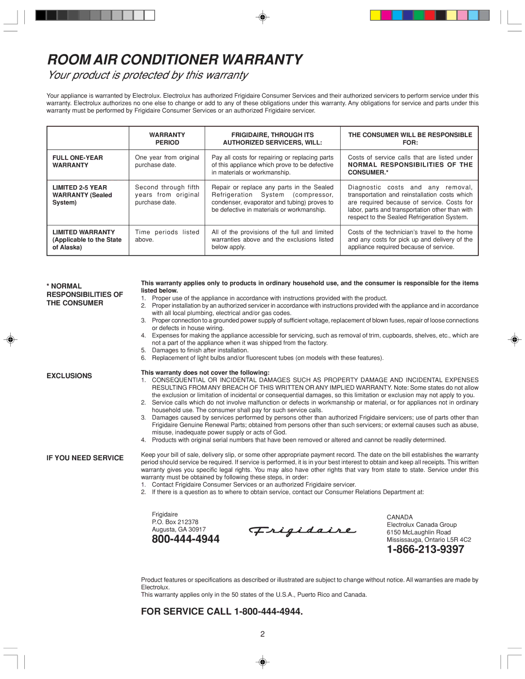 Frigidaire 220213A196 manual Room AIR Conditioner Warranty 