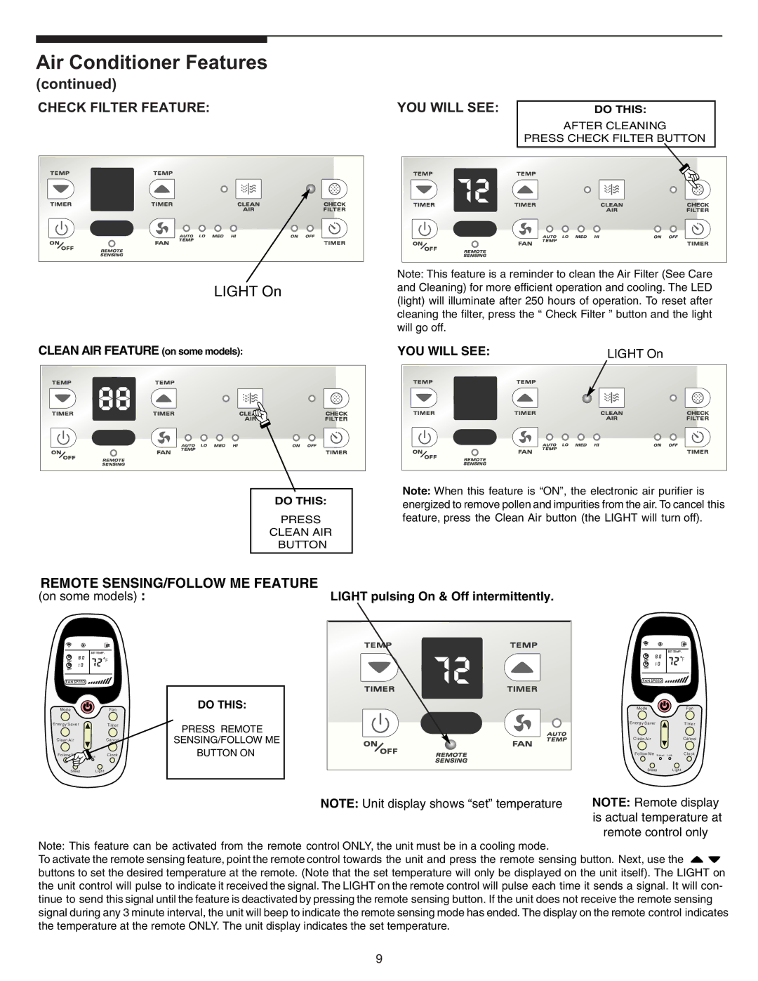 Frigidaire 220213A196 manual Clean AIR Feature on some models, Light On, Light pulsing On & Off intermittently 