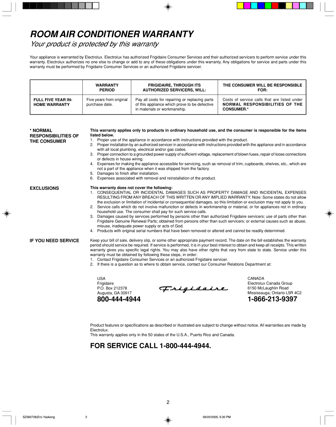 Frigidaire 220218A007 manual Room AIR Conditioner Warranty 