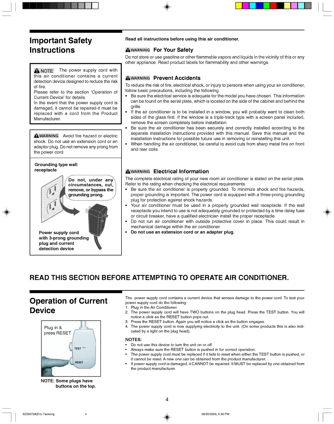 Frigidaire 220218A007 manual Important Safety Instructions, Operation of Current Device, For Your Safety, Prevent Accidents 