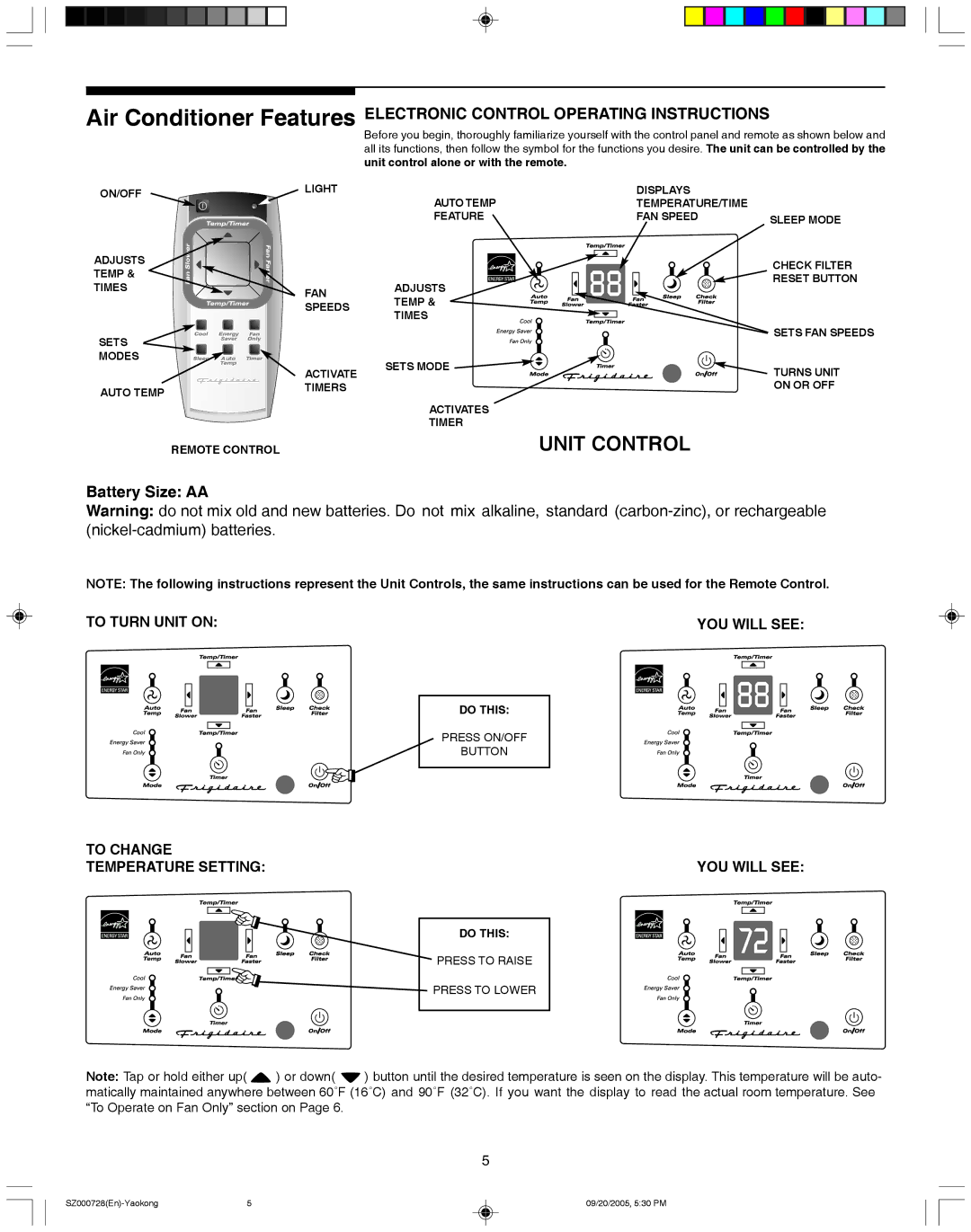 Frigidaire 220218A007 manual Air Conditioner Features, Battery Size AA 