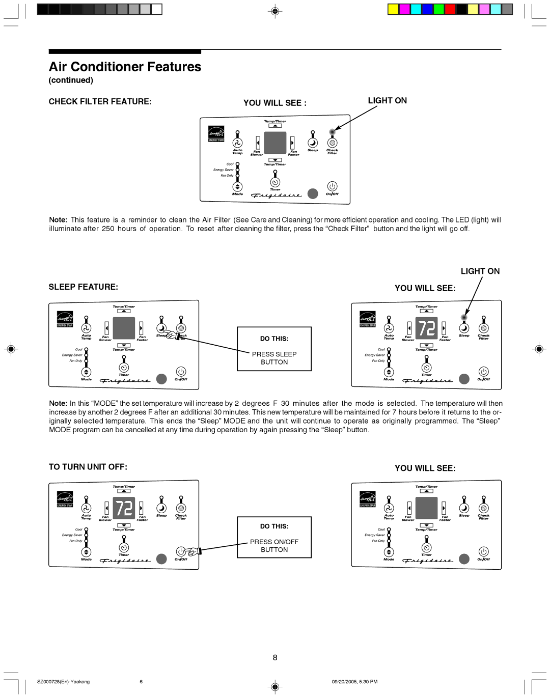 Frigidaire 220218A007 manual Check Filter Feature YOU will see Light on Sleep Feature 