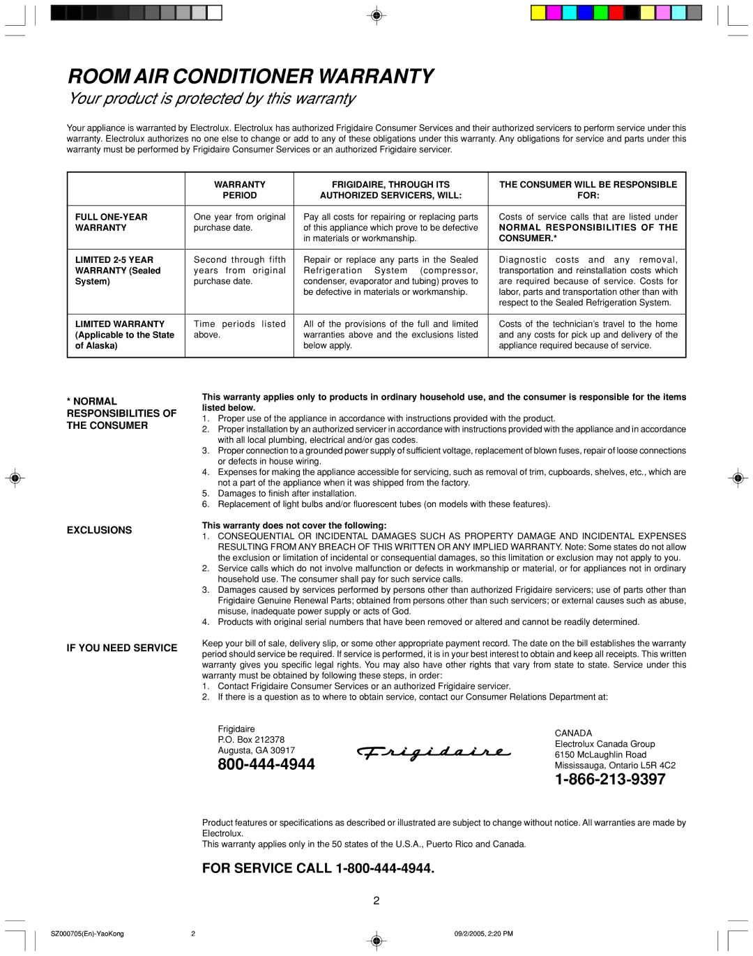 Frigidaire 220218A028 manual Room AIR Conditioner Warranty 