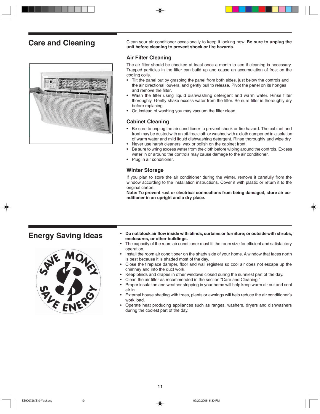 Frigidaire 220219A174 manual Care and Cleaning Energy Saving Ideas, Air Filter Cleaning, Cabinet Cleaning, Winter Storage 