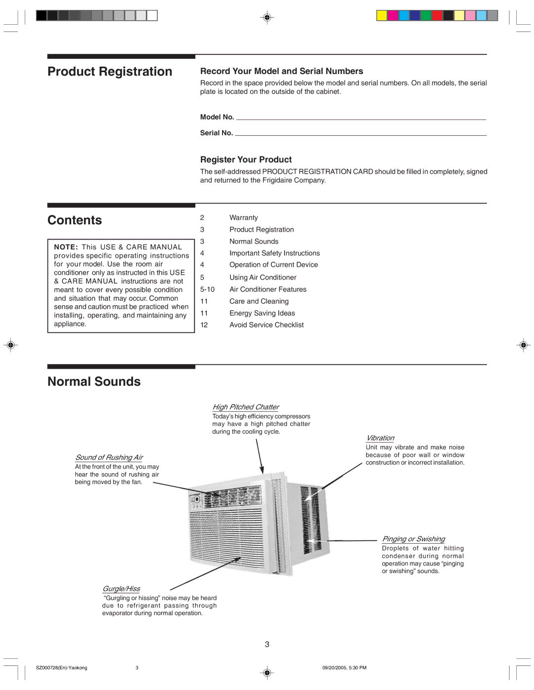 Frigidaire 220219A174 manual Product Registration, Contents, Normal Sounds 