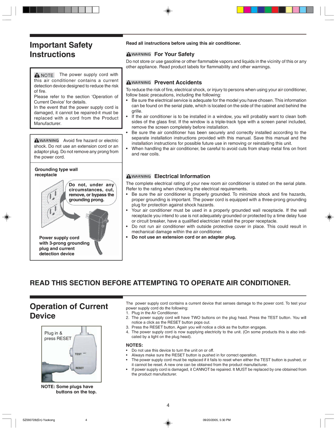 Frigidaire 220219A174 manual Important Safety Instructions, Operation of Current Device, For Your Safety, Prevent Accidents 