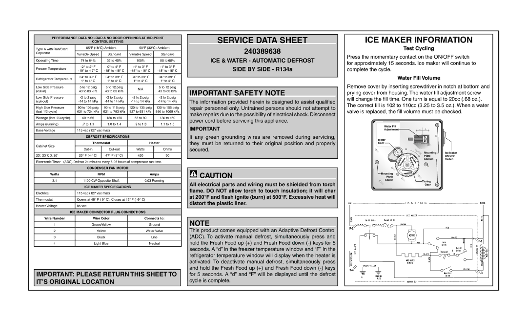 Frigidaire 240389638 specifications Service data sheet, Ice maker information, Important safety Note 