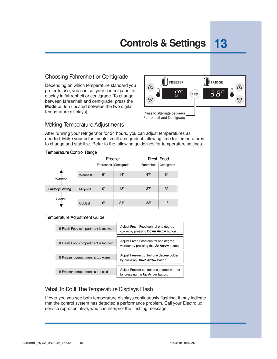 Frigidaire 241540100 (1203) manual Choosing Fahrenheit or Centigrade, Making Temperature Adjustments 