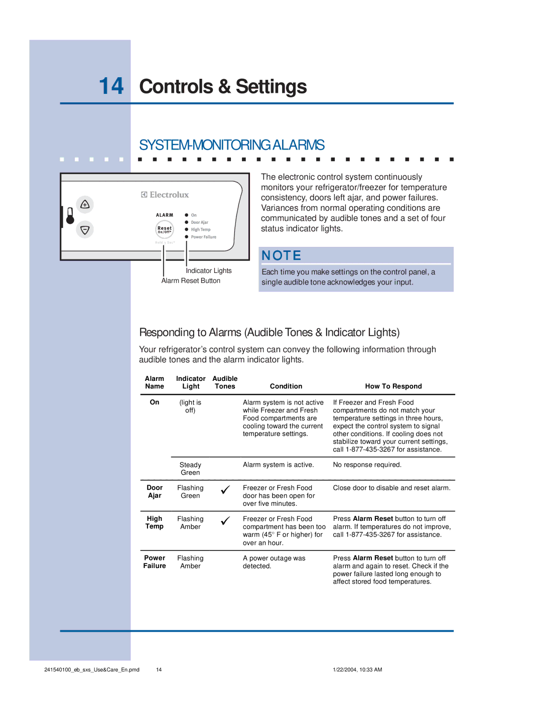 Frigidaire 241540100 (1203) manual SYSTEM-MONITORING Alarms, Responding to Alarms Audible Tones & Indicator Lights 