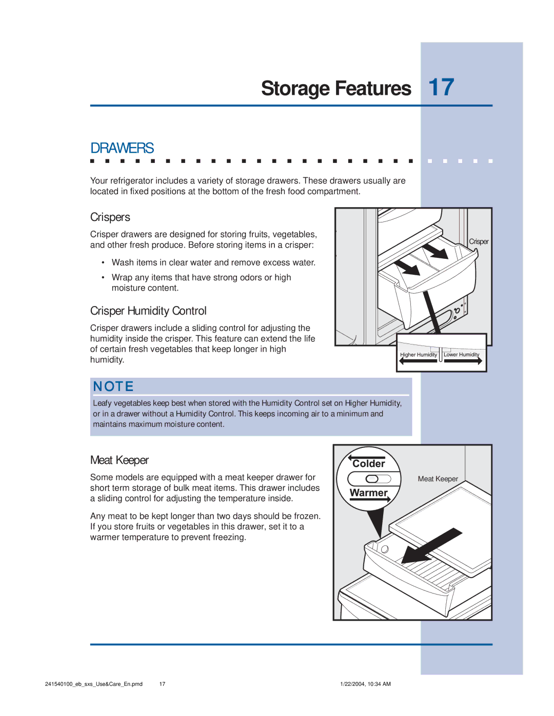 Frigidaire 241540100 (1203) manual Drawers, Crispers, Crisper Humidity Control, Meat Keeper 