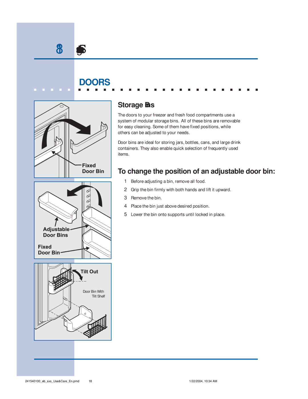 Frigidaire 241540100 (1203) manual Doors, Storage Bins 