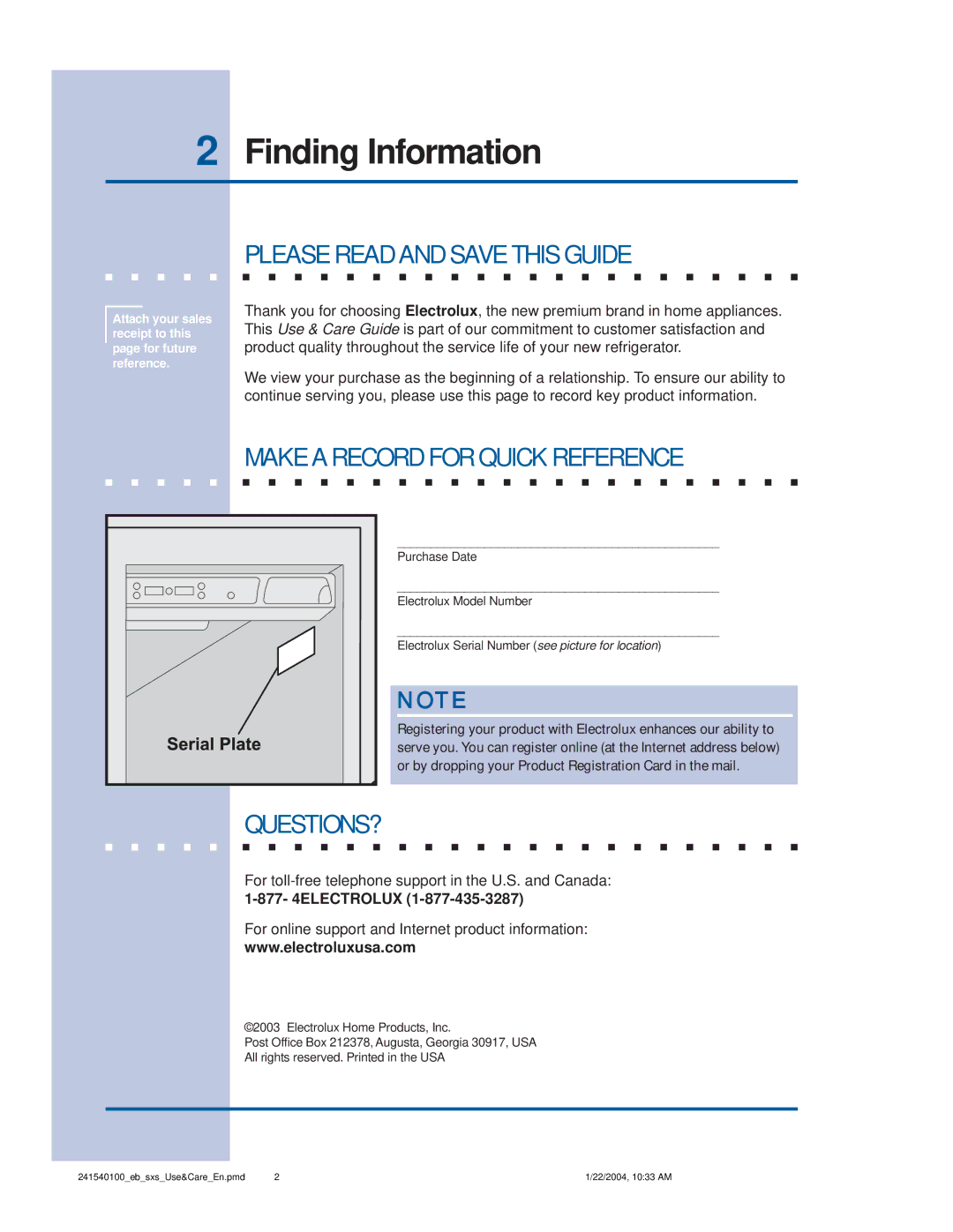 Frigidaire 241540100 (1203) manual Finding Information, Please Read and Save this Guide, Make a Record for Quick Reference 