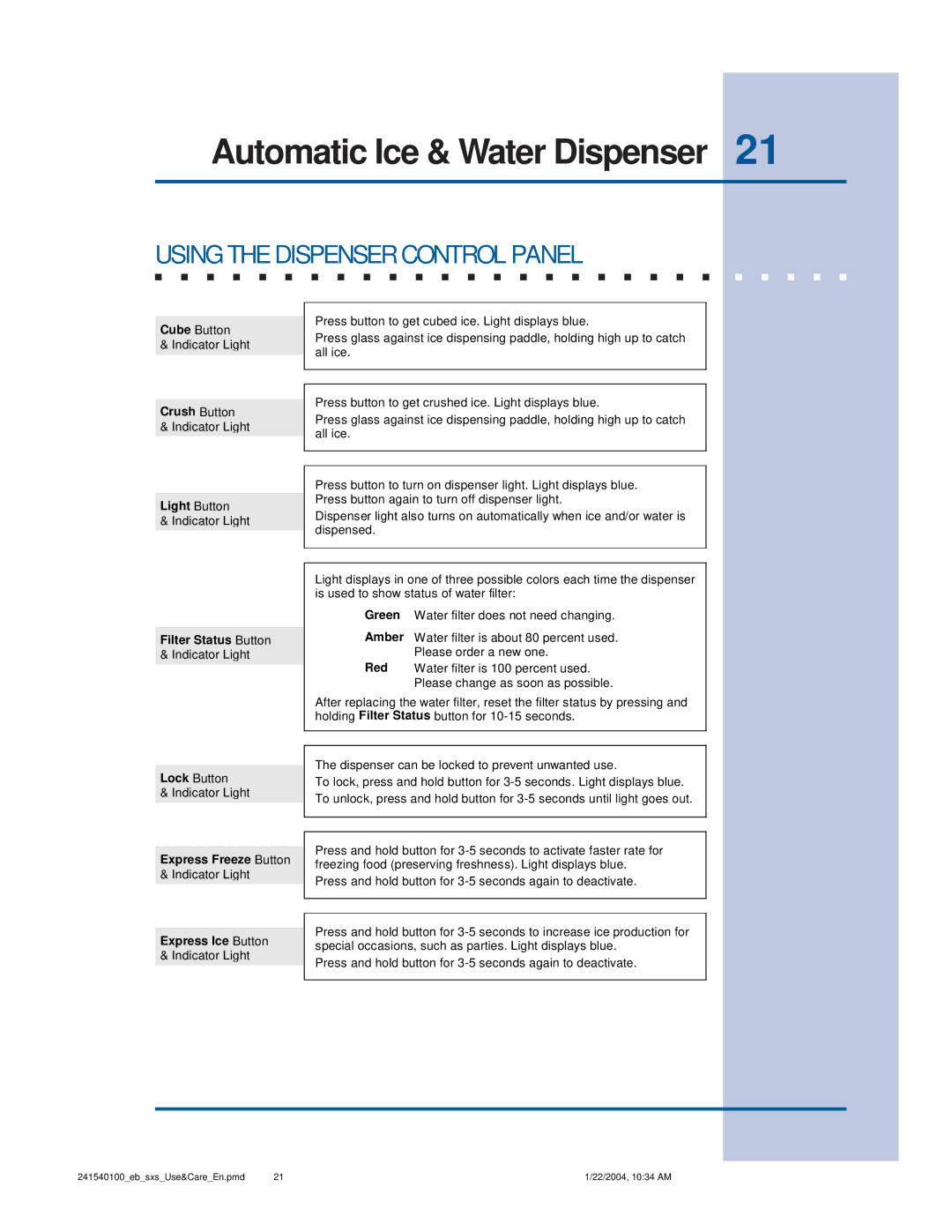 Frigidaire 241540100 (1203) manual Using the Dispenser Control Panel, Express Ice Button 