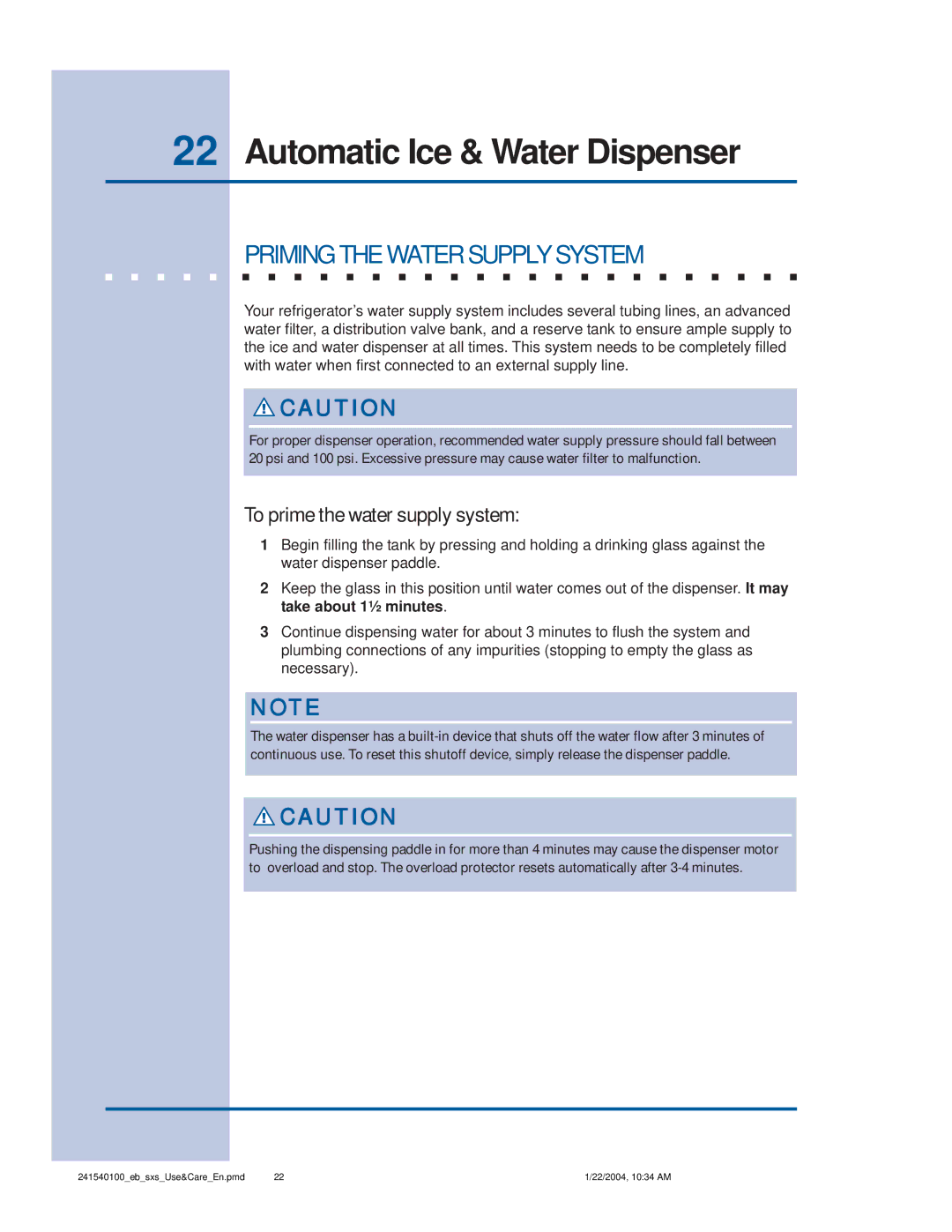 Frigidaire 241540100 (1203) manual Priming the Water Supply System, To prime the water supply system 