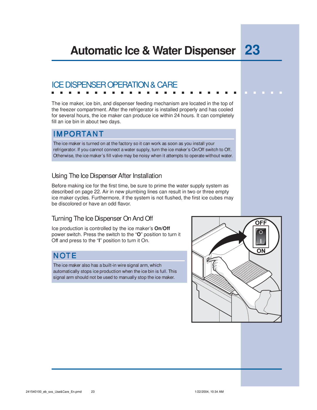 Frigidaire 241540100 (1203) manual ICE Dispenser Operation & Care, Using The Ice Dispenser After Installation 